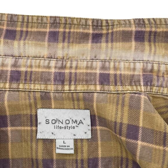 Corduroy Button Up Shirt Long Sleeve SUPER Distressed Tan Lavender Plaid | Large - Picture 8 of 9